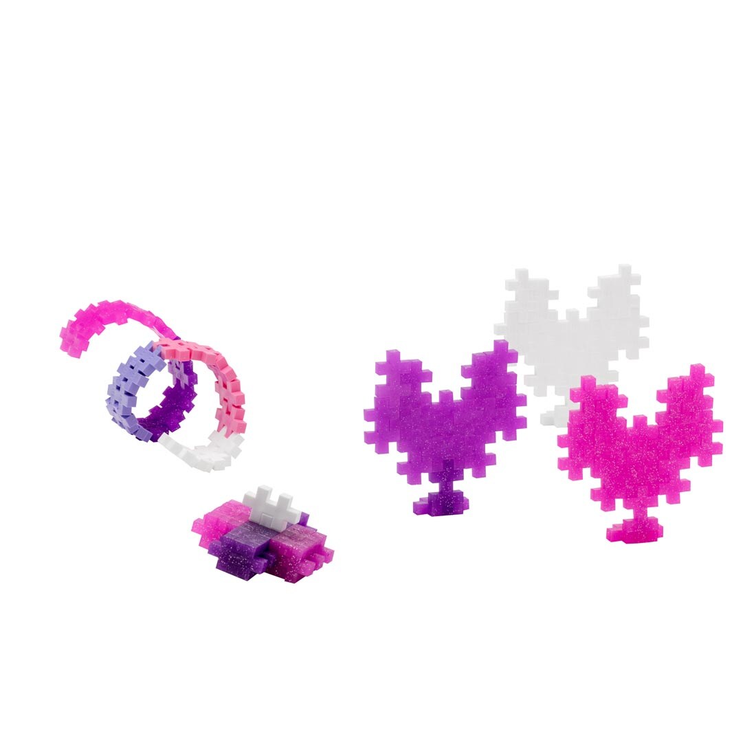 sample creations made with pieces from the Plus-Plus 70-Piece Glitter Mix Tube