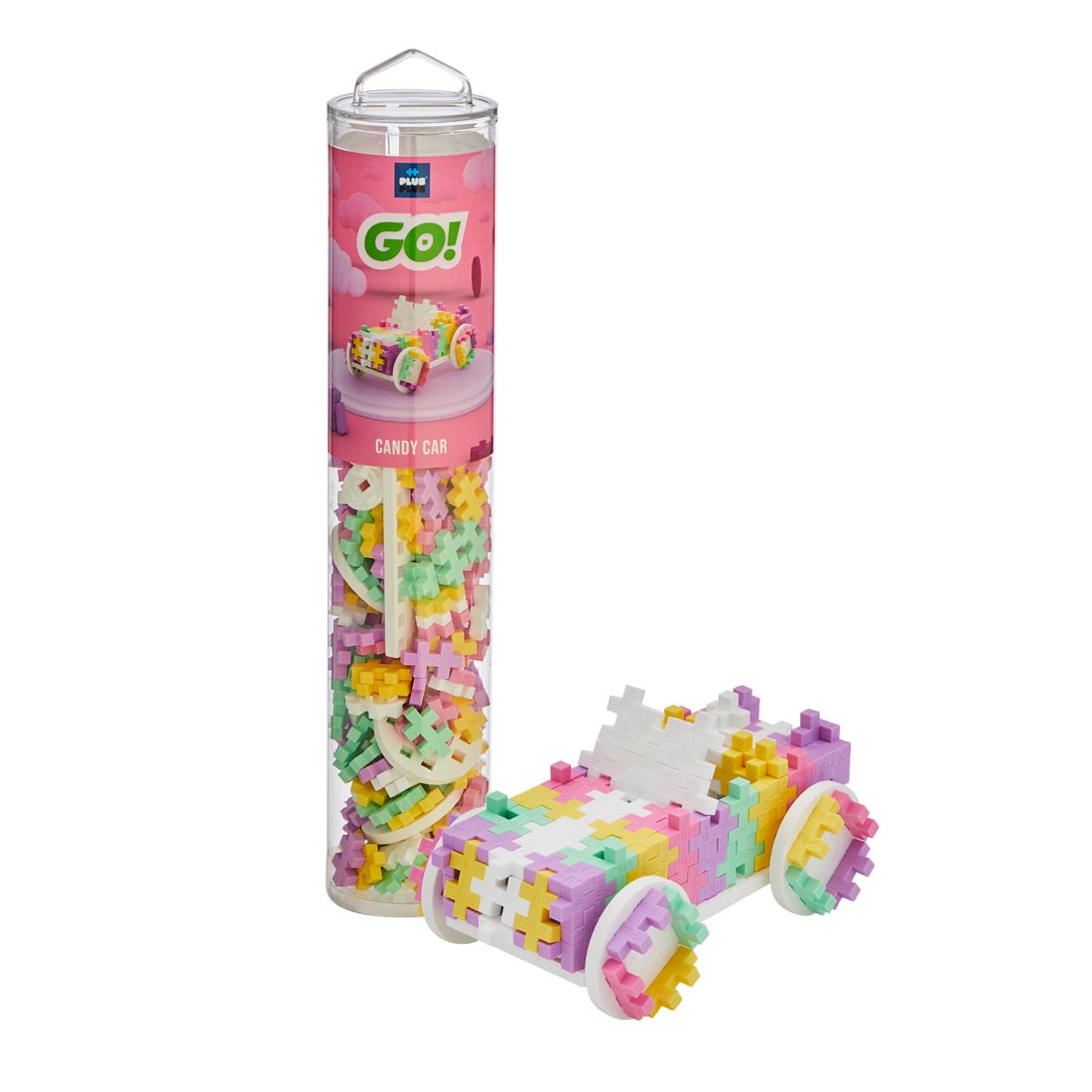 Plus-Plus Go! 200-Piece Candy Car Tube beside a sample creation
