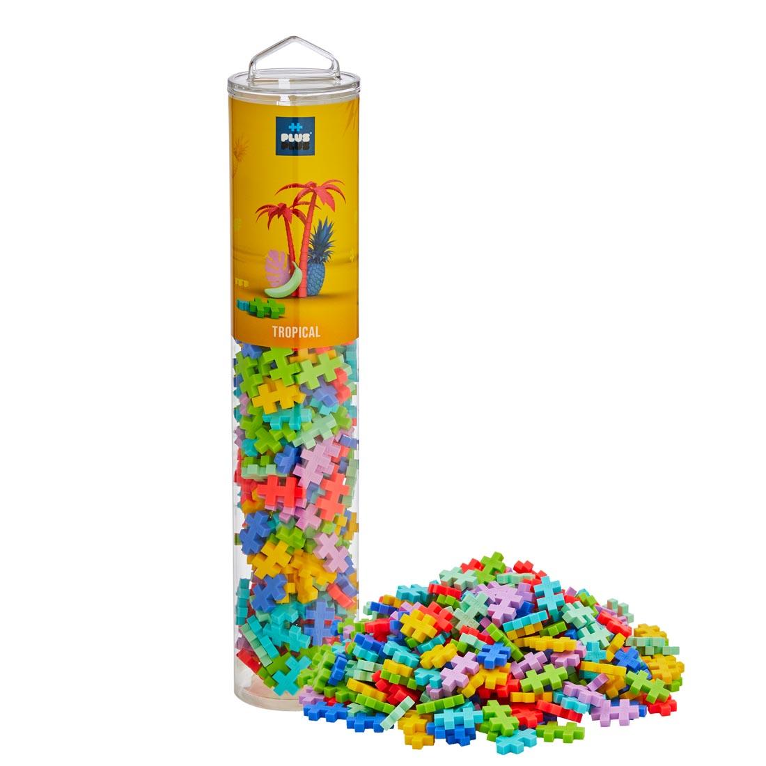 Plus-Plus 240-Piece Tropical Mix Tube with a pile of pieces beside it