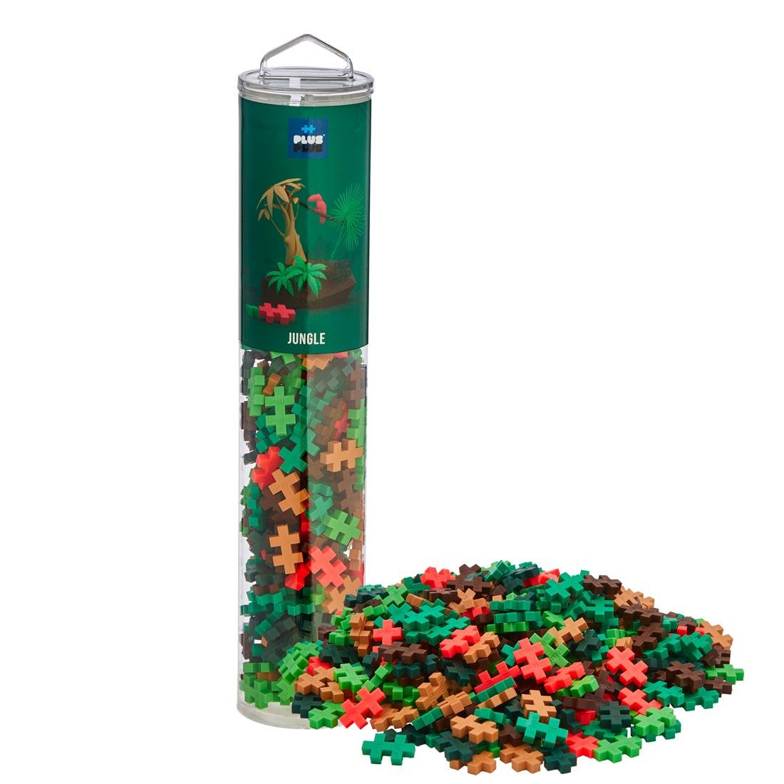 Plus-Plus 240-Piece Jungle Mix Tube with a pile of pieces beside it