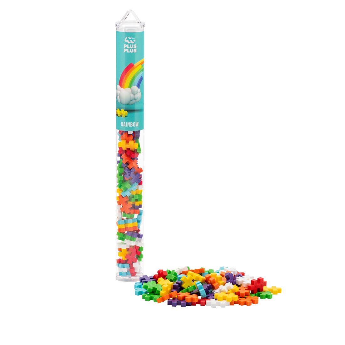 Plus-Plus 70-Piece Rainbow Mix Tube package next to a pile of plus-plus pieces
