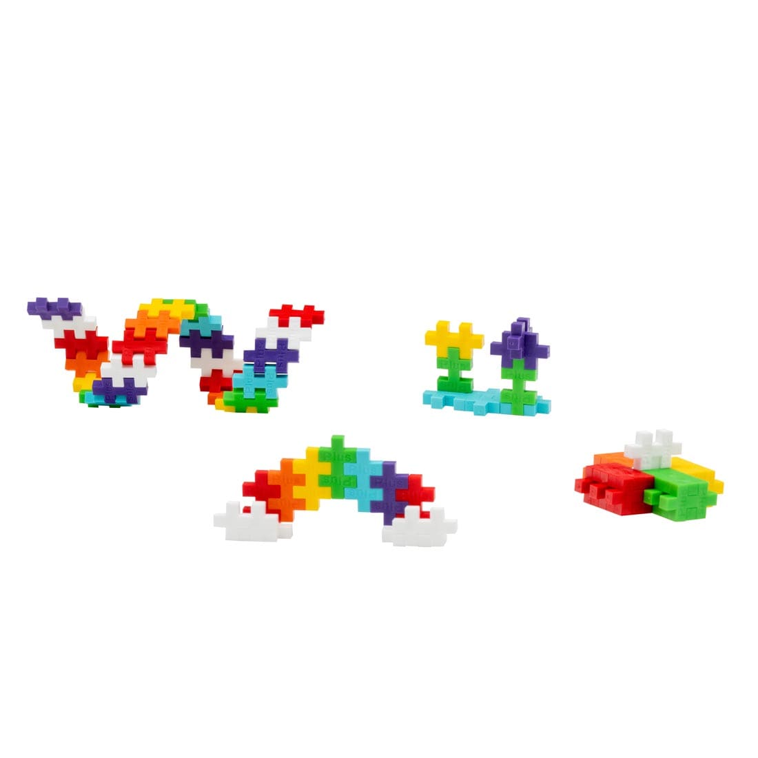 sample creations made with pieces from the Plus-Plus 70-Piece Rainbow Mix Tube