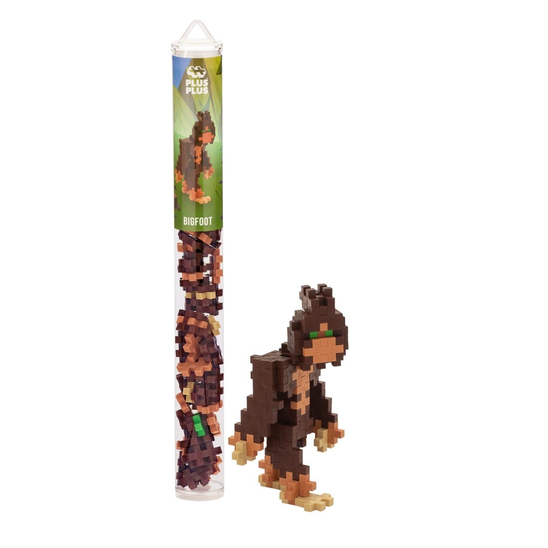 Plus-Plus 70-Piece Bigfoot Tube next to a built bigfoot creature