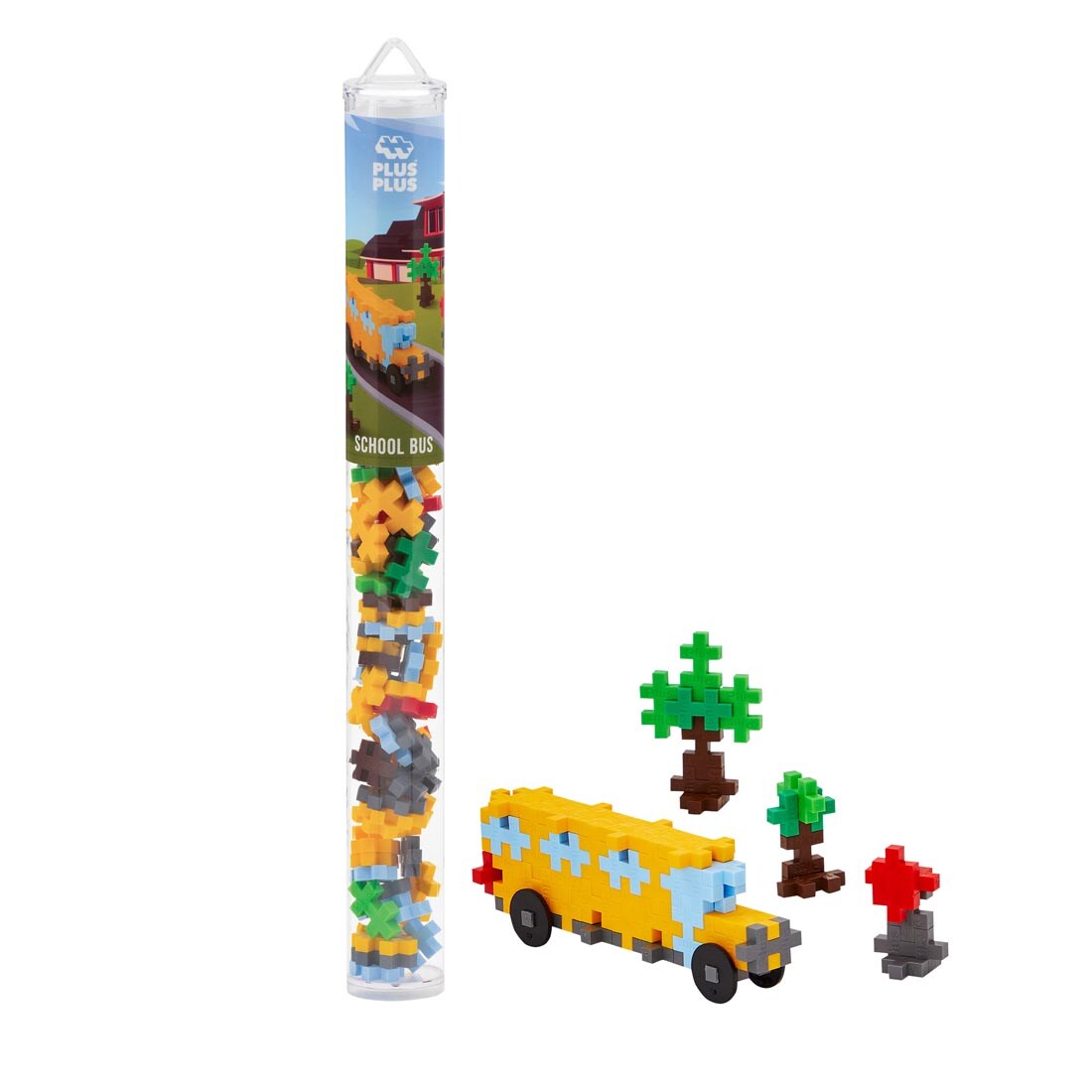 Plus-Plus 70-Piece School Bus Tube beside completed creations