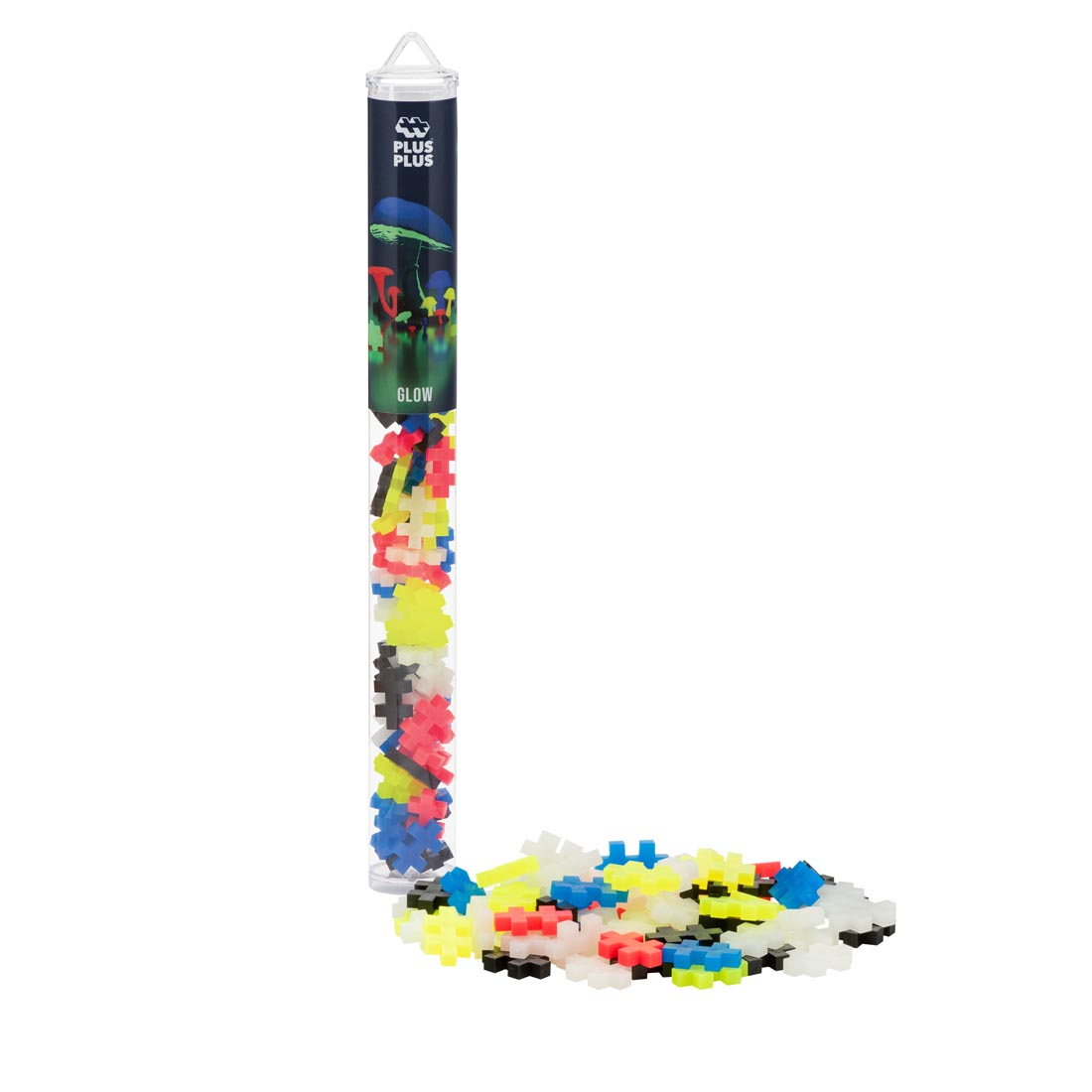Plus-Plus 70-Piece Glow Mix Tube with a pile of pieces beside it