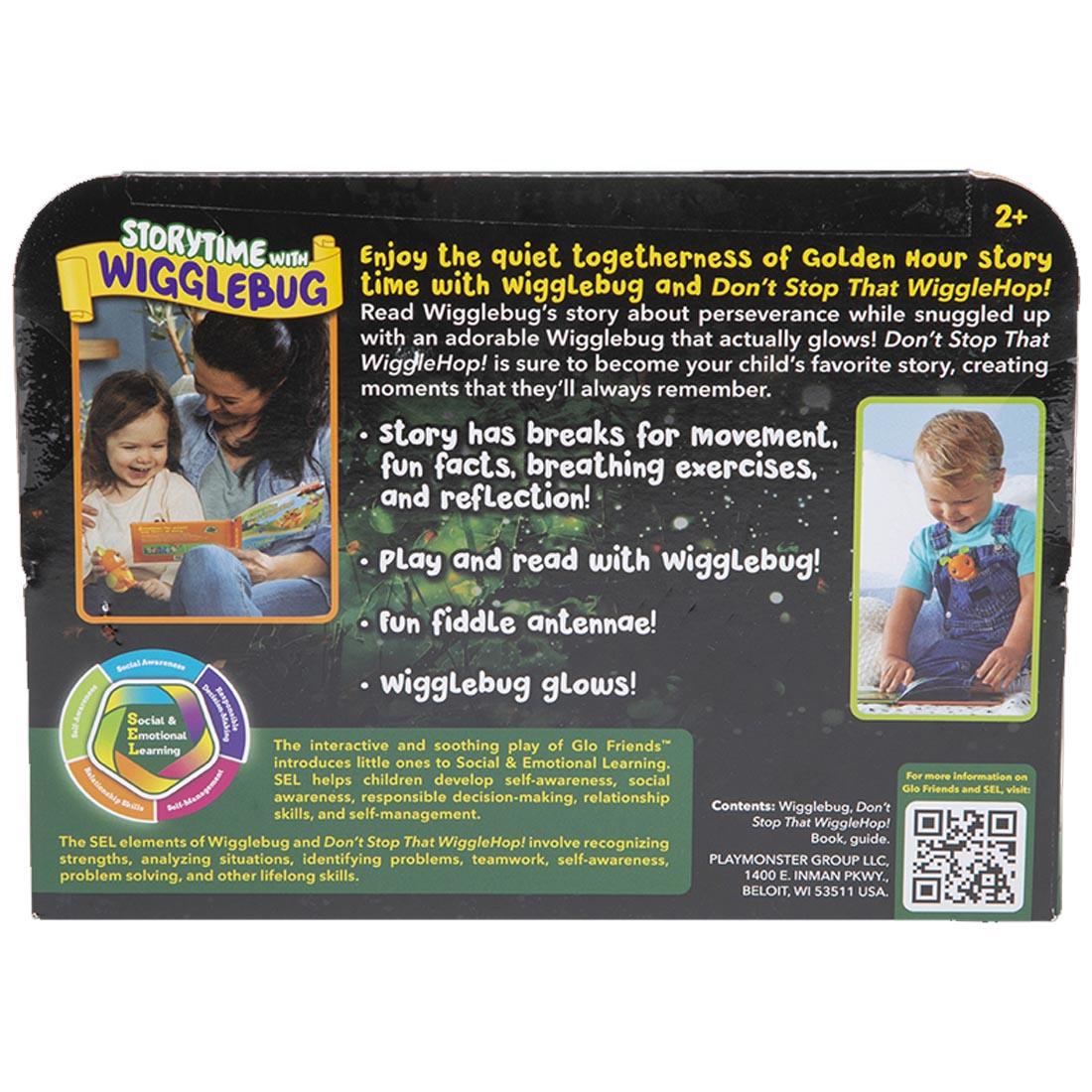 back of package of the Don't Stop That Wigglehop! book with Wigglebug toy