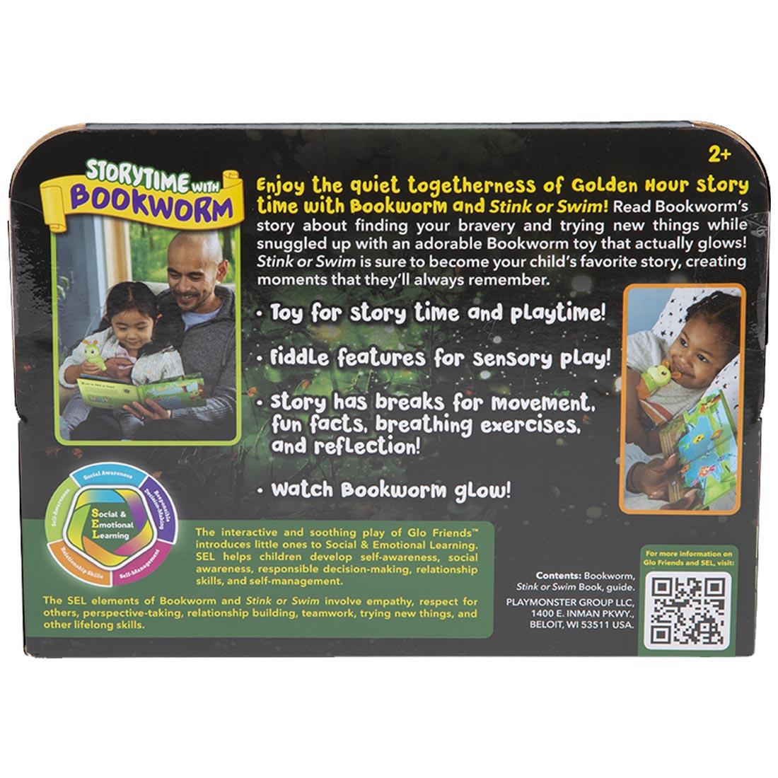 back of package of the Stink Or Swim book with Bookworm toy