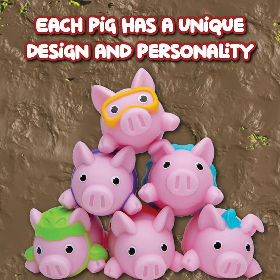 6 pigs from Pigs on Trampolines Board Game plus text each pig has a unique design and personality