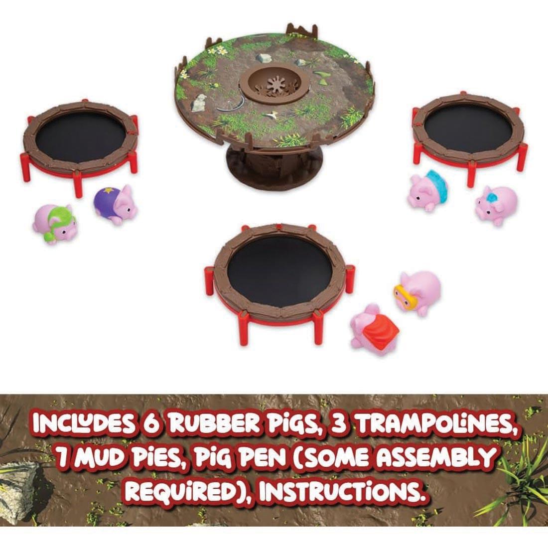 pieces from Pigs on Trampolines Board Game plus text includes 6 rubber pigs, 3 trampolines, 7 mud pies, pig pen (some assembly required), instructions