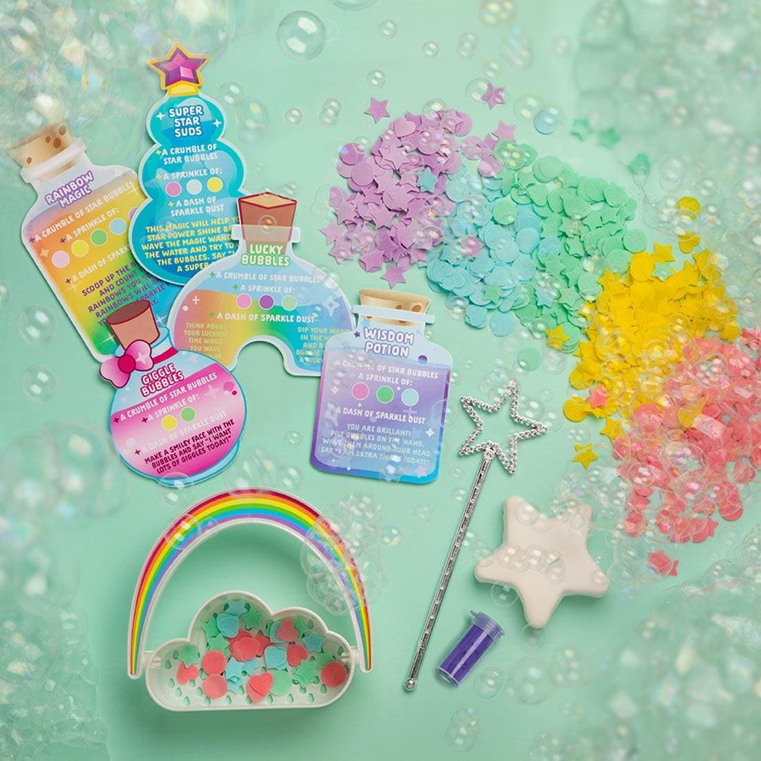 contents of Craft-Tastic Magical Bath Bubble Potions, with bubbles