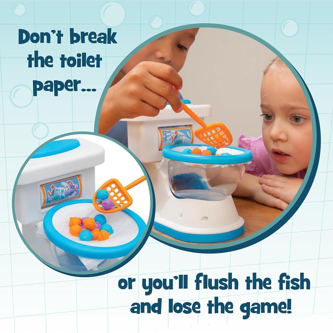 kids playing Don't Flush The Fish Game plus closeup inset of the game with text Don't break the toilet paper...or you'll flush the fish and lose the game!