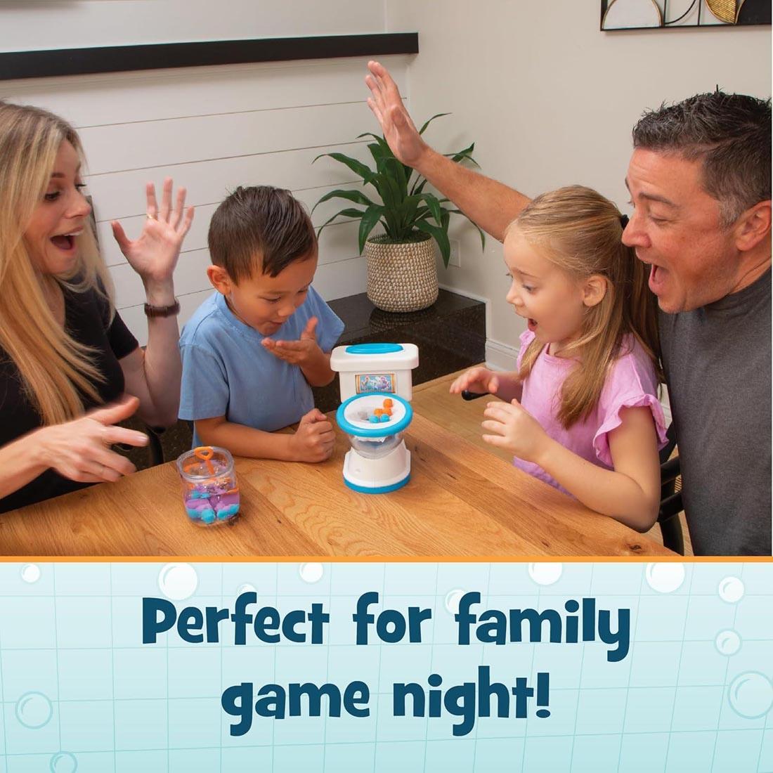 two adults and two kids playing Don't Flush The Fish Game plus text Perfect for family game night!