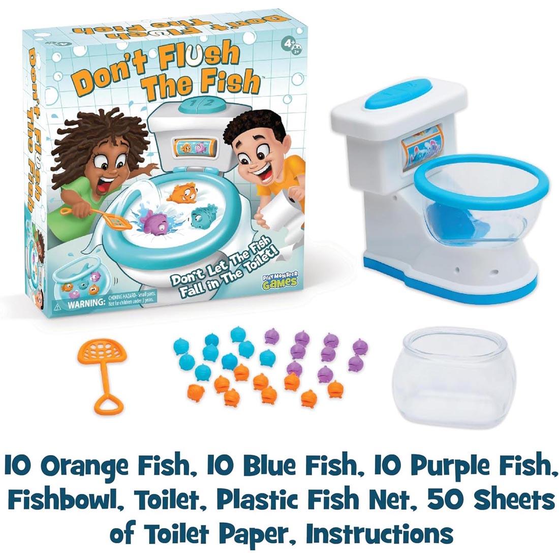 box and contents of Don't Flush The Fish Game plus text 10 Orange Fish, 10 Blue Fish, 10 Purple Fish, Fishbowl, Toilet, Plastic Fish Net, 50 Sheets of Toilet Paper, Instructions
