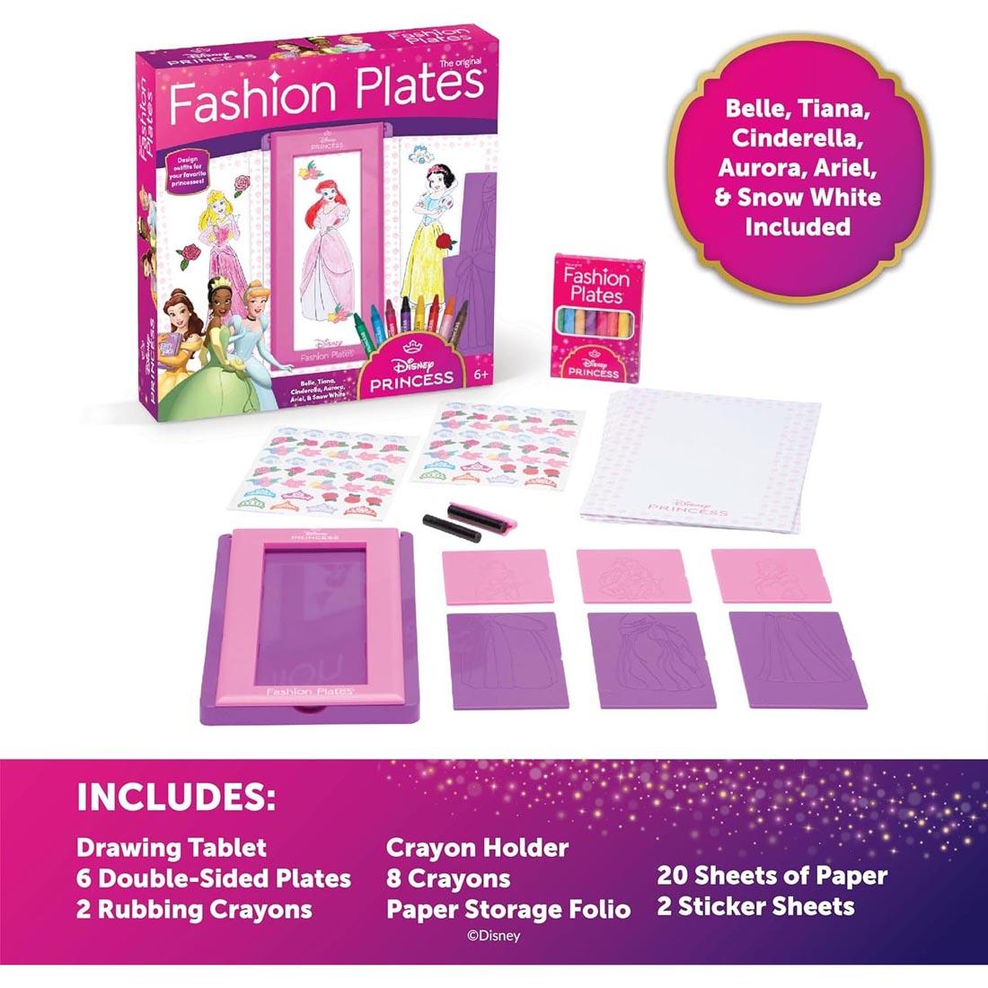 box and pieces of the Disney Princess Fashion Plates Set with text Belle, Tiana, Cinderella, Aurora, Ariel, & Snow White Included; as well as a complete list of components