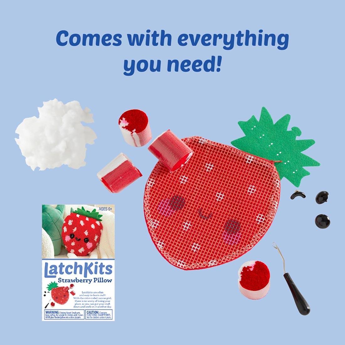package and components from Make A Strawberry Latch Hook Pillow by Craft-Tastic plus text Comes with everything you need!