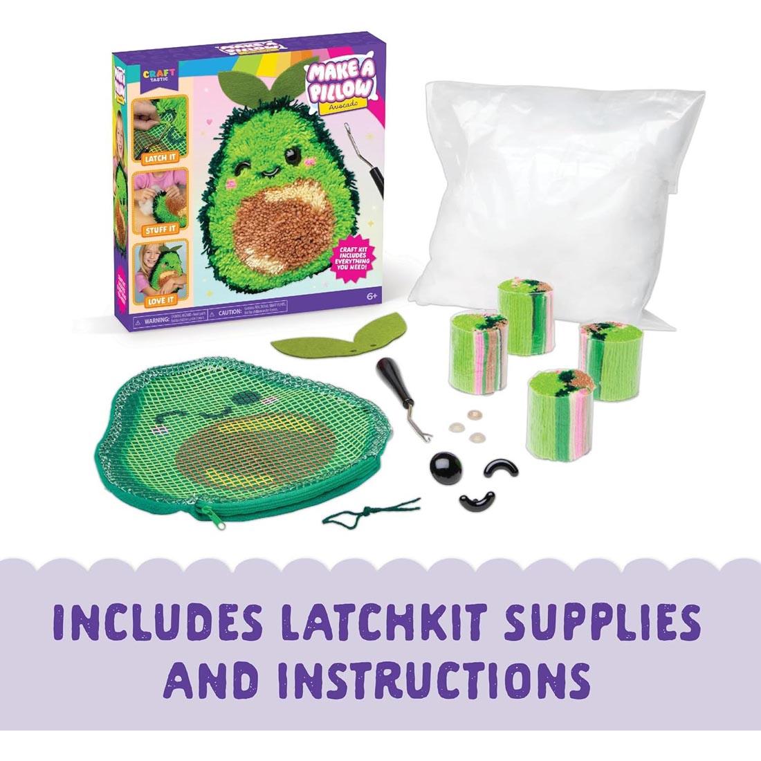 package and components of Make An Avocado Latch Hook Pillow by Craft-Tastic plus text Includes latchkit supplies and instructions