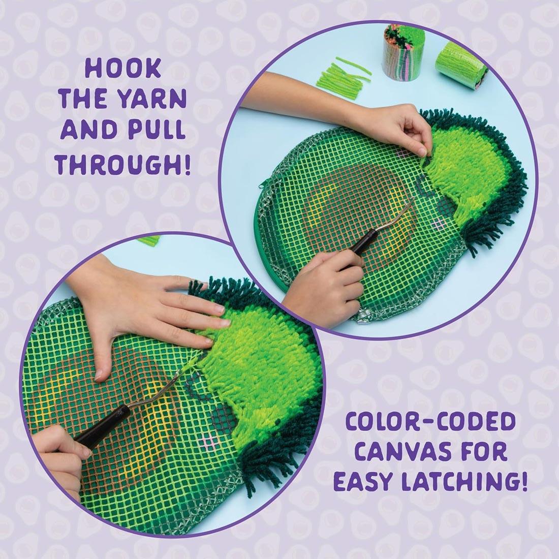 2 insets of hands working on Make An Avocado Latch Hook Pillow by Craft-Tastic plus text Hook the yarn and pull through! Color-coded canvas for easy latching!
