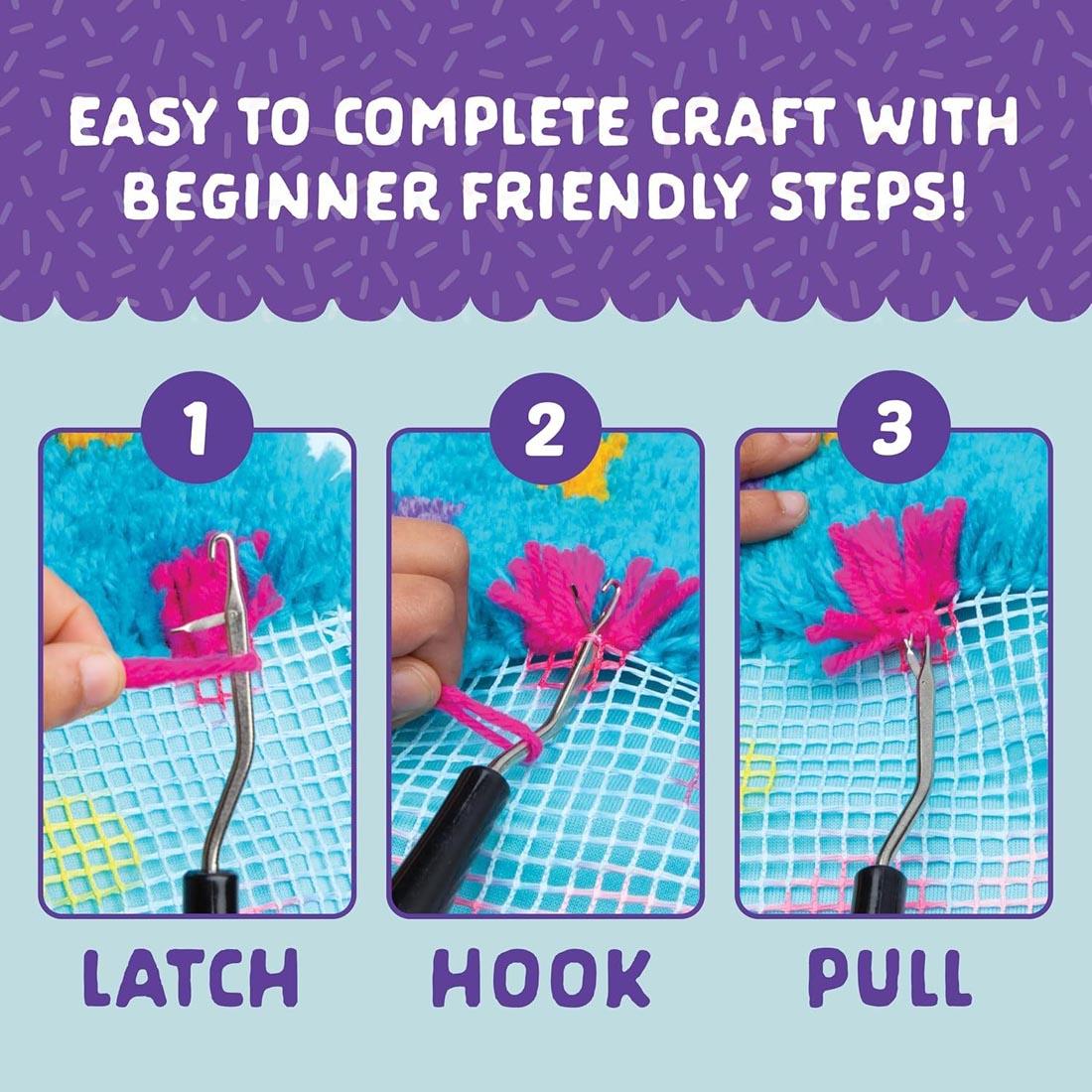 infographic for Make A Cupcake Latch Hook Pillow by Craft-Tastic with text Easy to complete craft with beginner friendly steps! 1 Latch; 2 Hook; 3 Pull