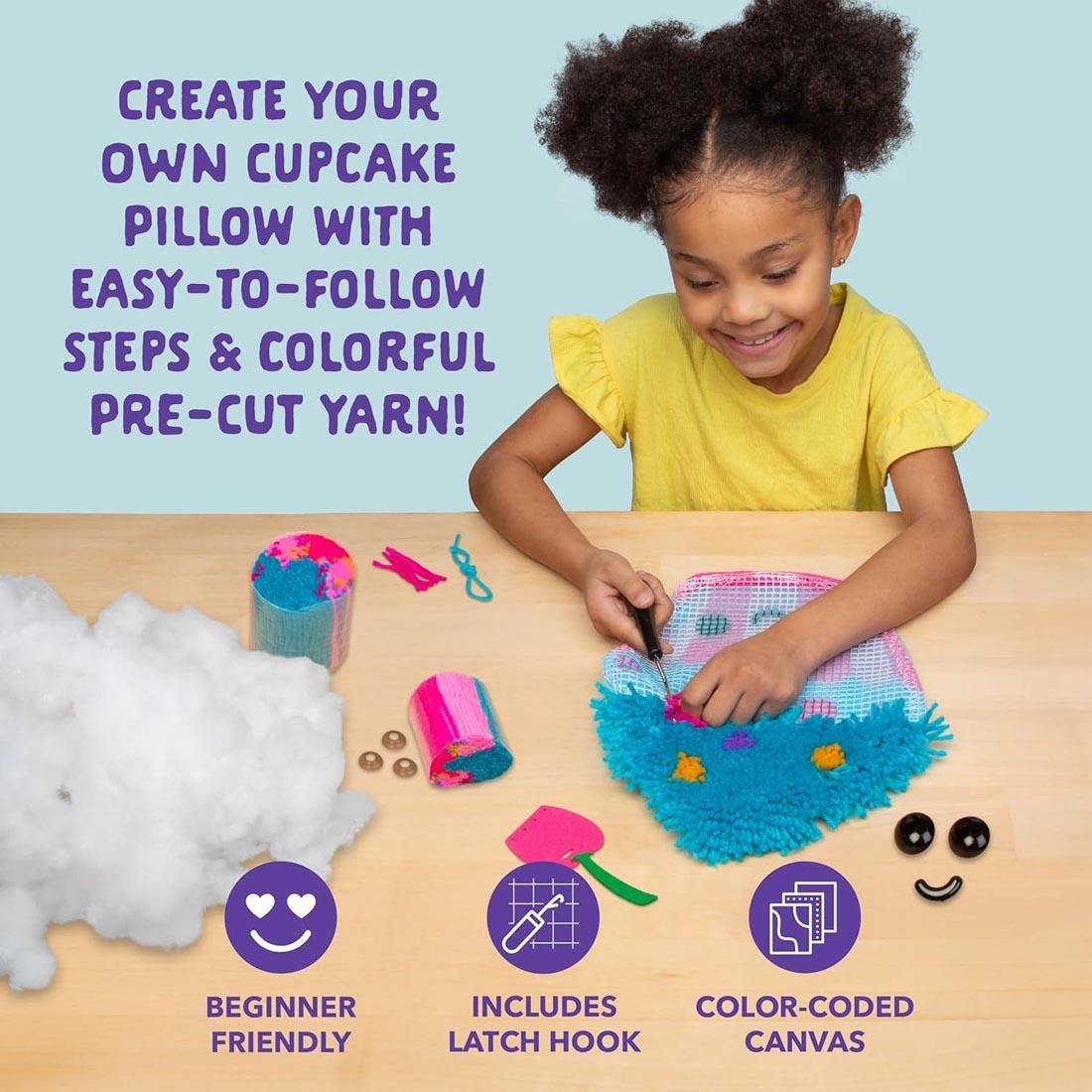Create your own cupcake pillow with easy-to-follow steps & colorful pre-cut yarn! Beginner friendly; Includes latch hook; Color-coded canvas