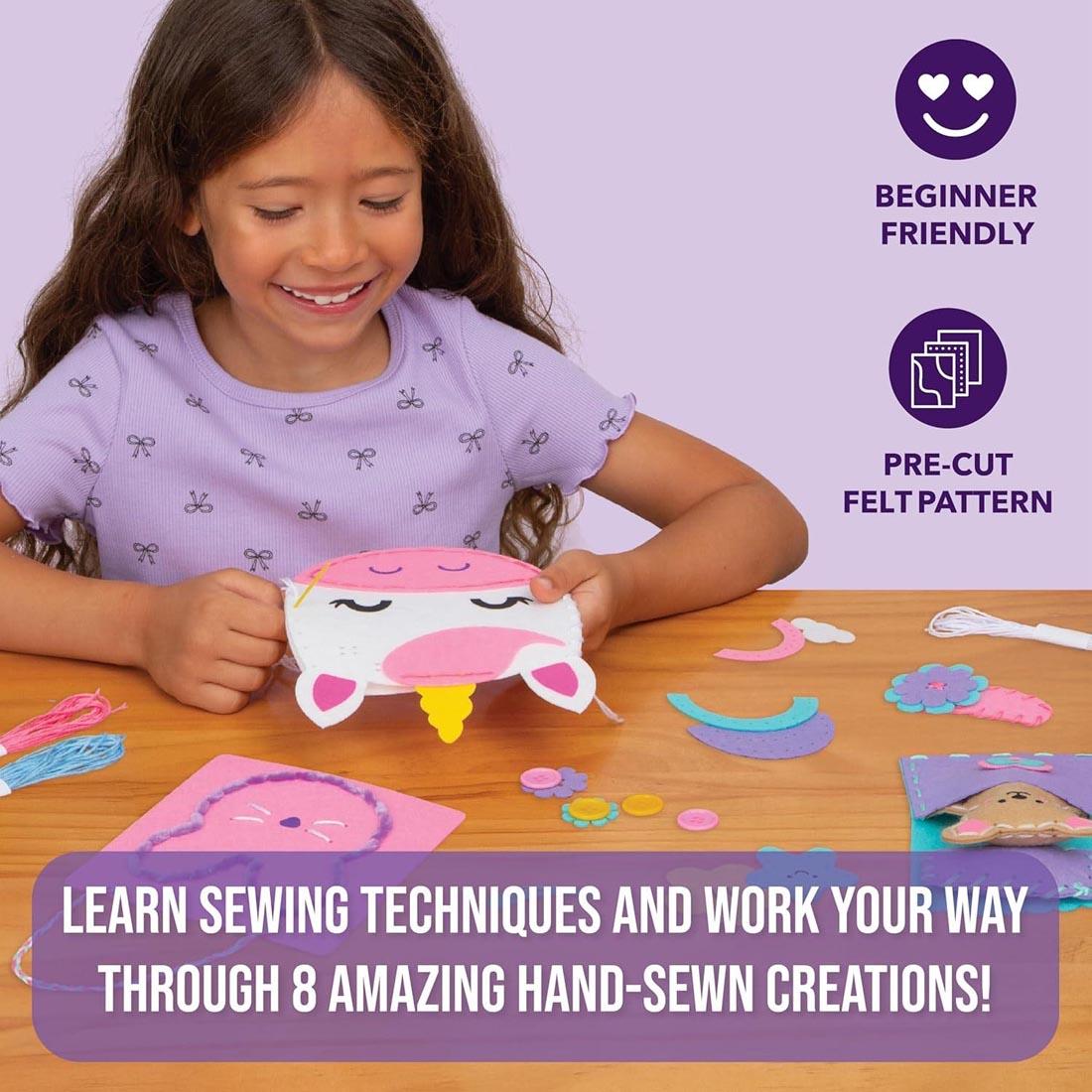 child using the Let's Learn Sewing Art Kit plus text Beginner Friendly; Pre-Cut Felt Patter; Learn sewing techniques and work your way through 8 amazing hand-sewn creations!
