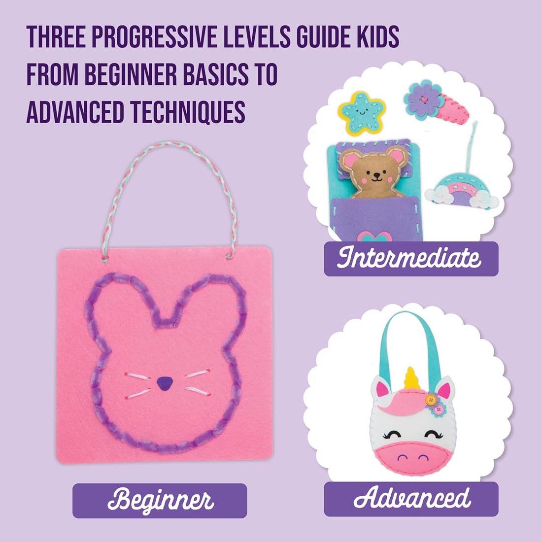examples from Let's Learn Sewing Art Kit plus text 3 progressive levels guide kids from beginner basics to advanced techniques