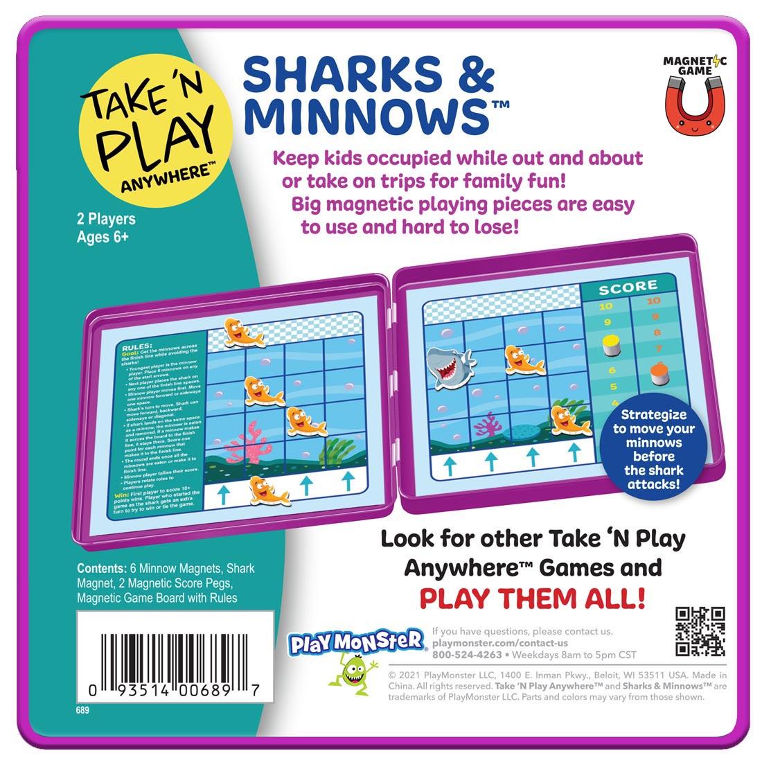 back of package of Take 'N Play Anywhere Magnetic Sharks & Minnows Game