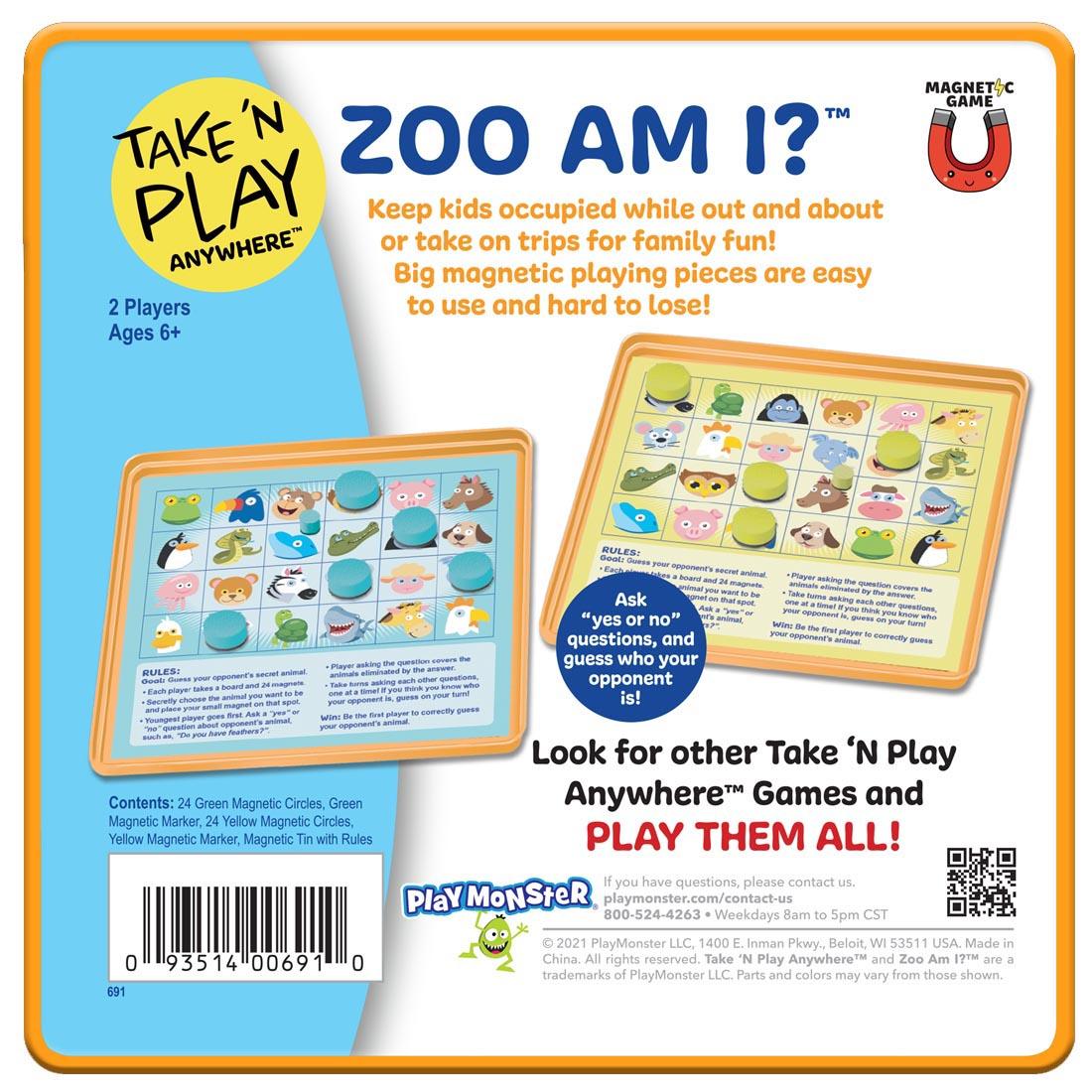 back of package of Take 'N Play Anywhere Magnetic Zoo Am I? Game