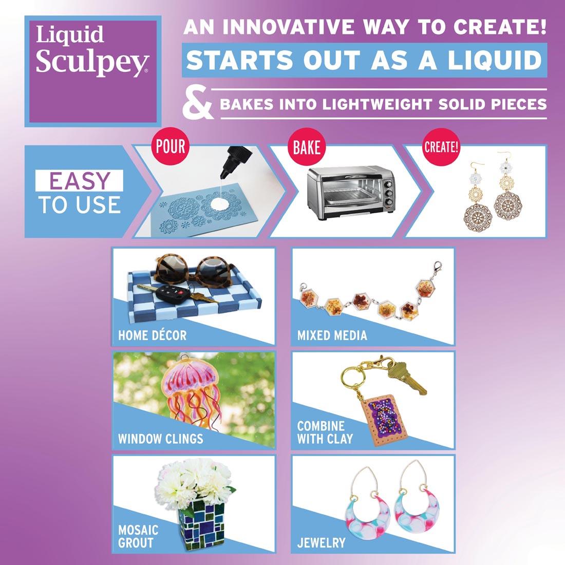 Collage showing the 3 steps to creating with Liquid Sculpey, plus exampes of finished projects