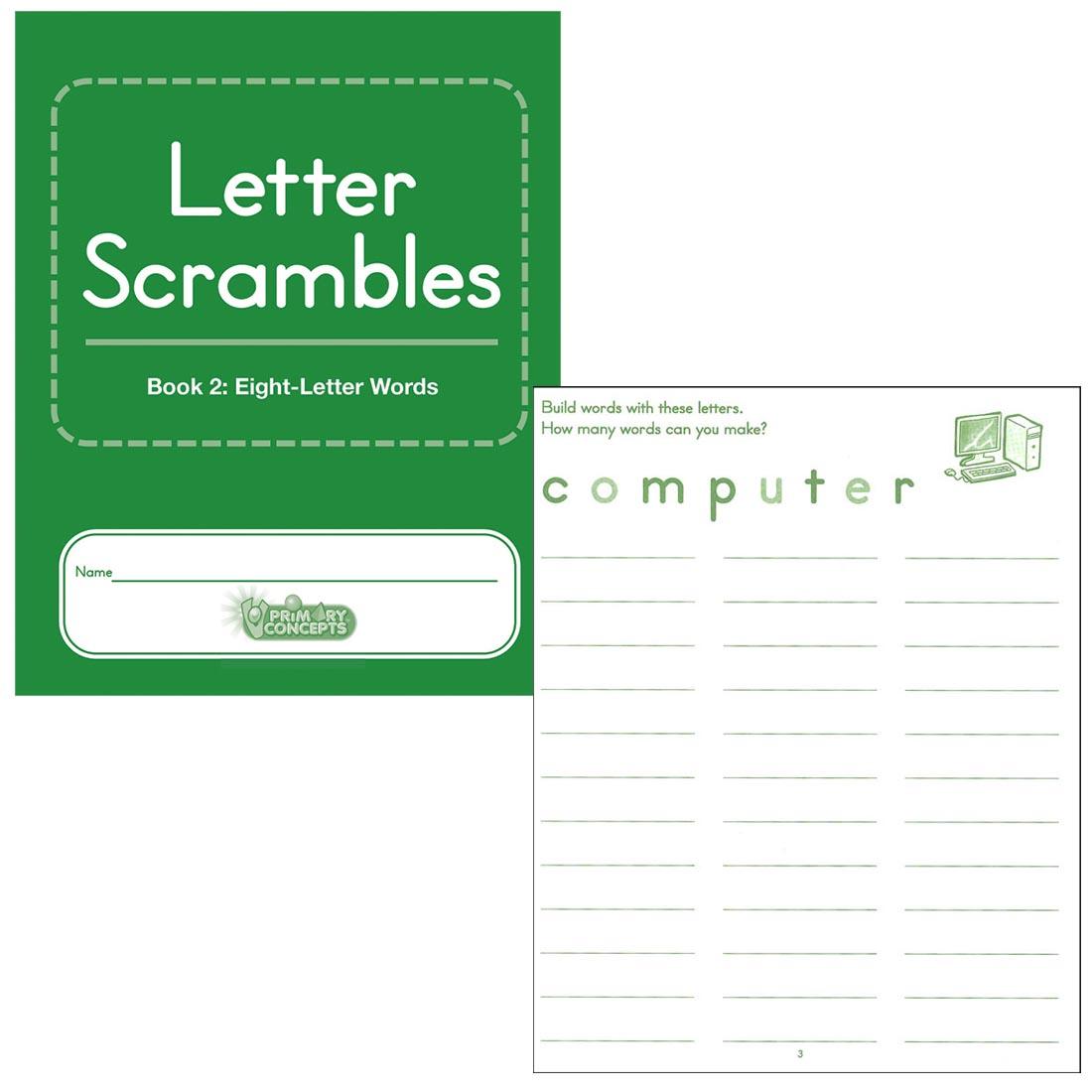 Letter Scrambles Book with Eight-Letter Words, along with an example of an inside page