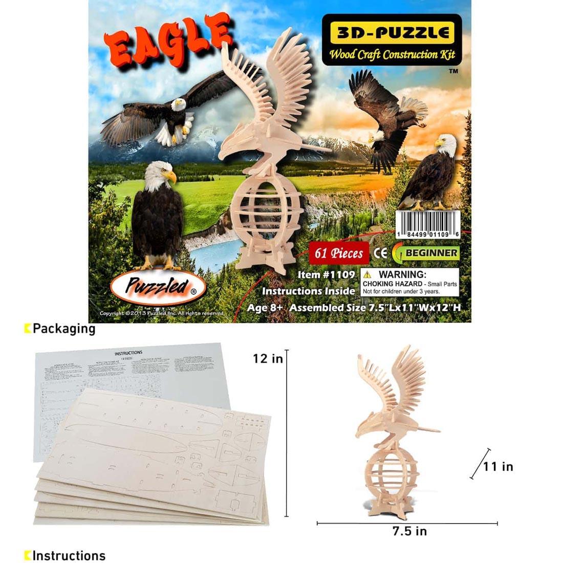Eagle 3D Wooden Puzzle, showing packaing, sample instructions and dimensions