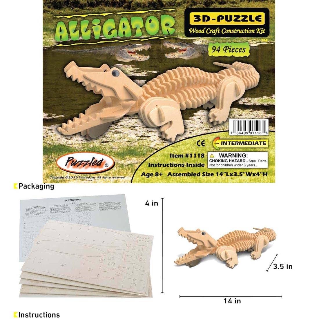 Alligator 3D Wooden Puzzle, showing packaging, sample instructions and dimensions