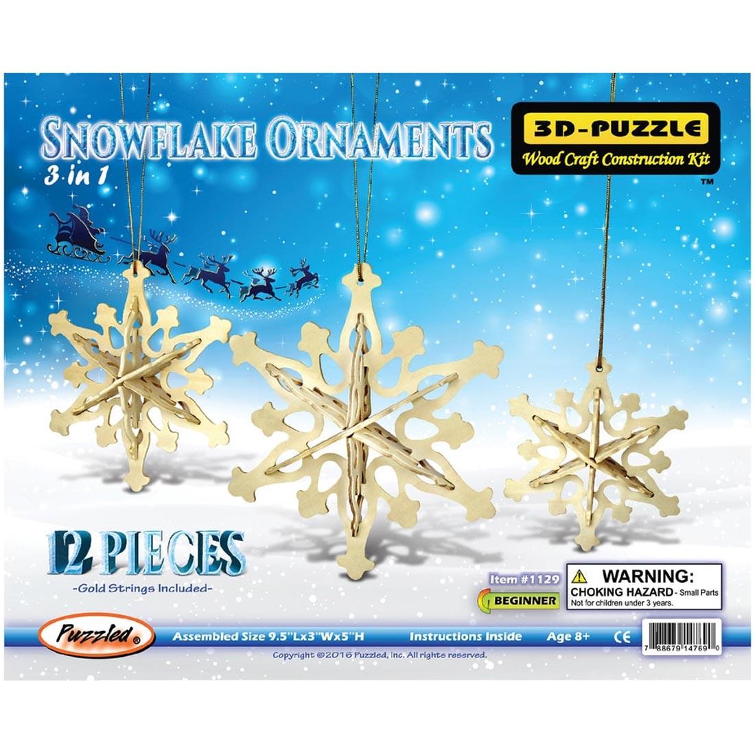 Front of package of Snowflake Ornaments 3D Wooden Puzzles by Puzzled Inc