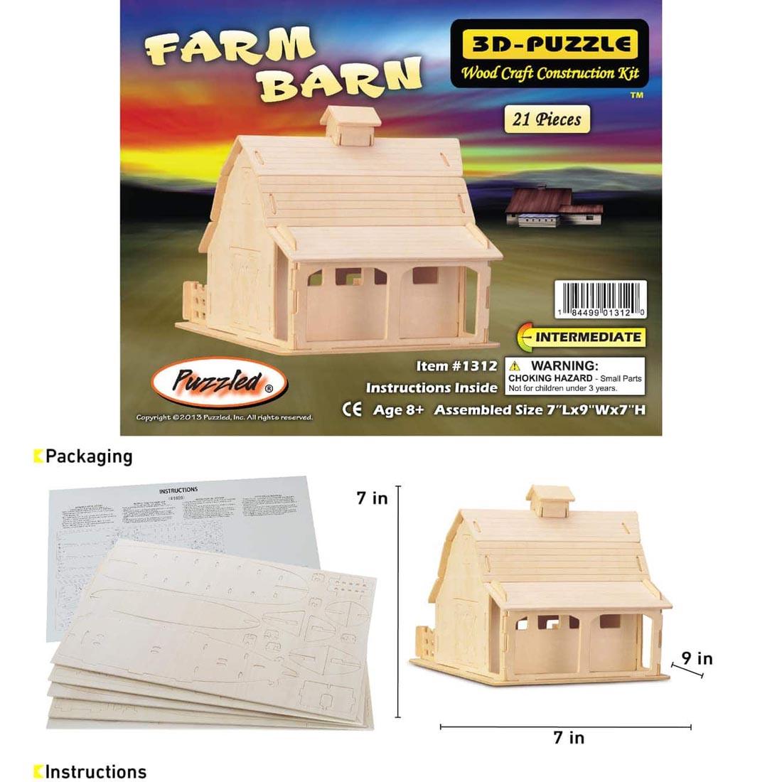 Farm Barn 3D Wooden Puzzle, showing packaging, sample instructions and dimensions