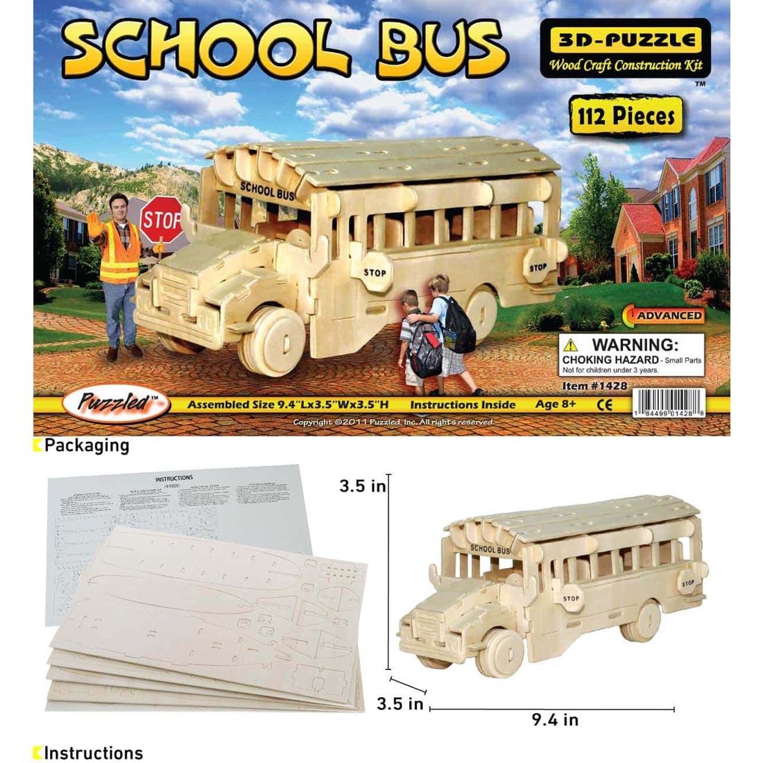 School Bus 3D Wooden Puzzle, showing packaging, sample instructions and dimensions