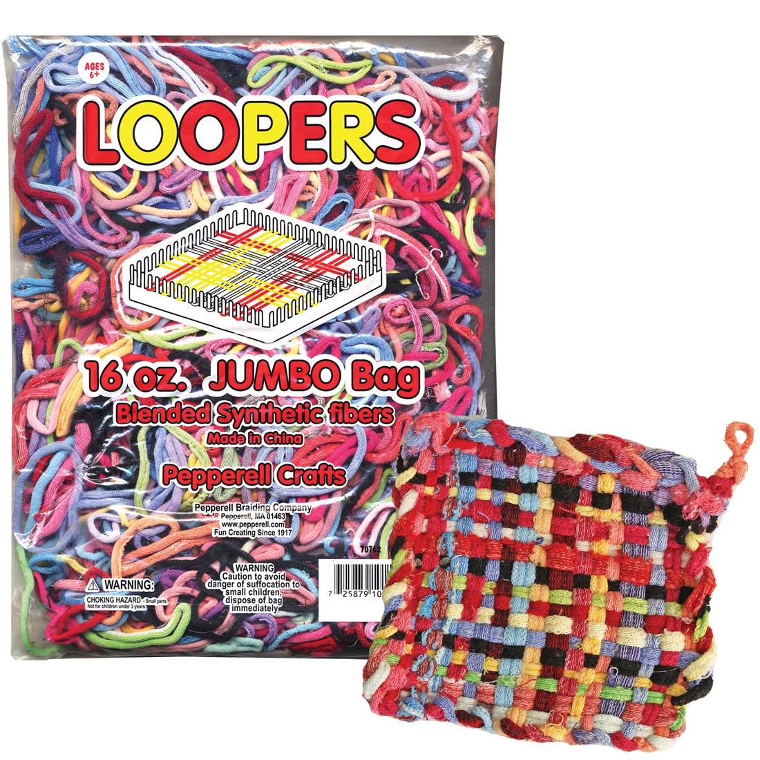 Jumbo bag of Loopers next to a completed potholder