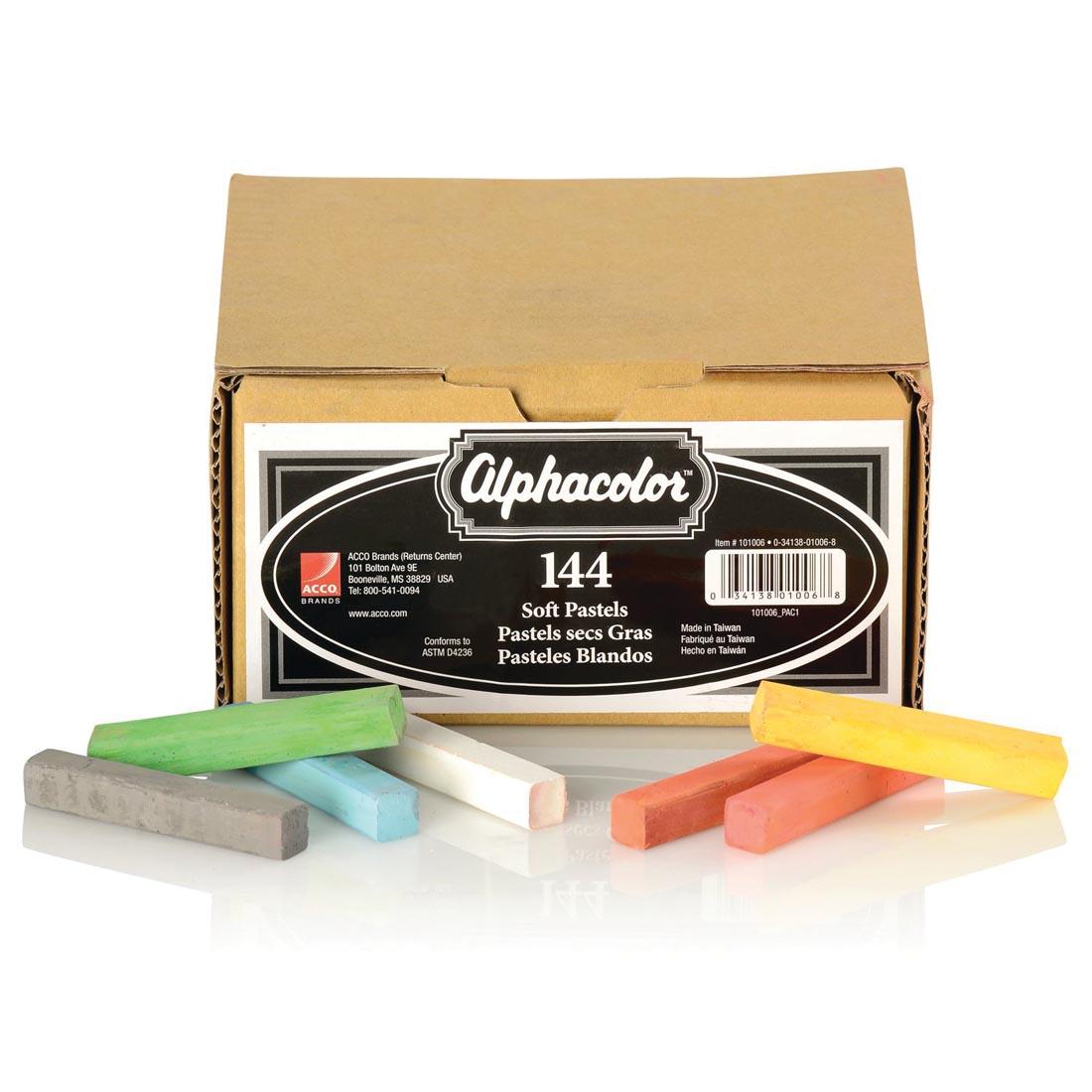 pastels beside the box for Alphacolor Soft Pastels 144-Count Set