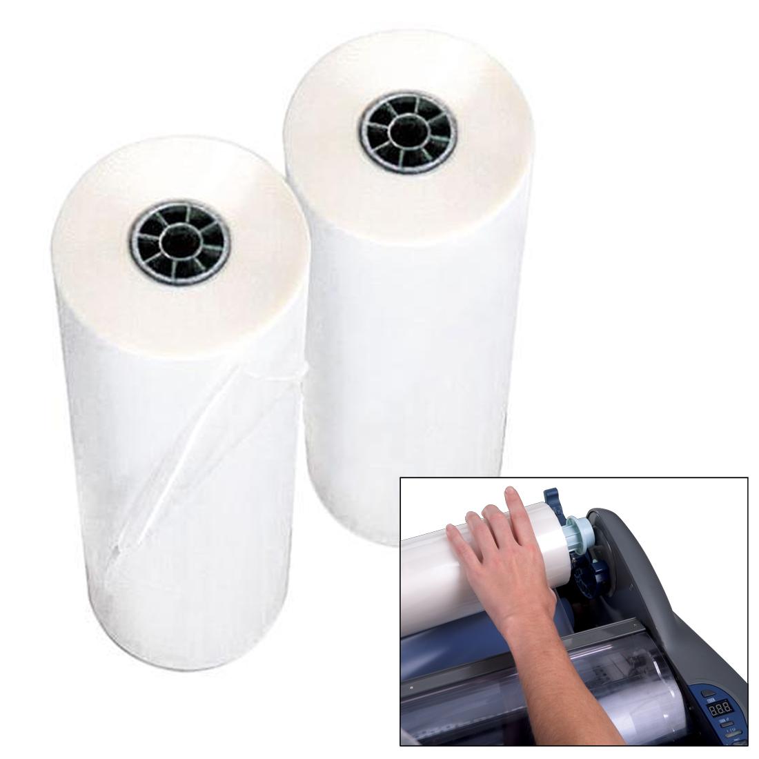 Two rolls of EZload Laminating Film with inset picture of a hand loading a roll into a laminator