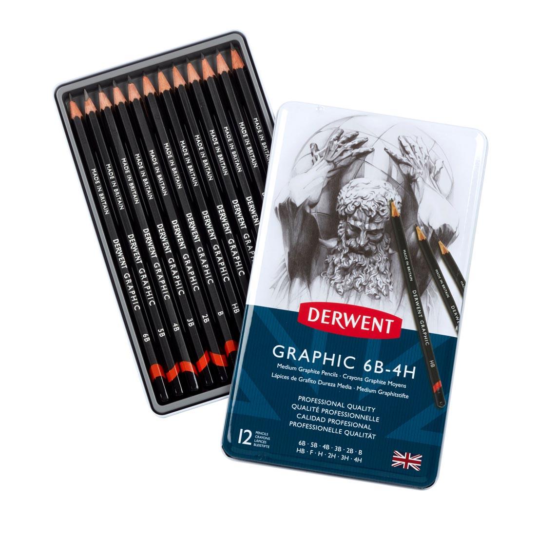 Derwent Graphic Pencil 12-Count Set In Storage Tin with lid askew