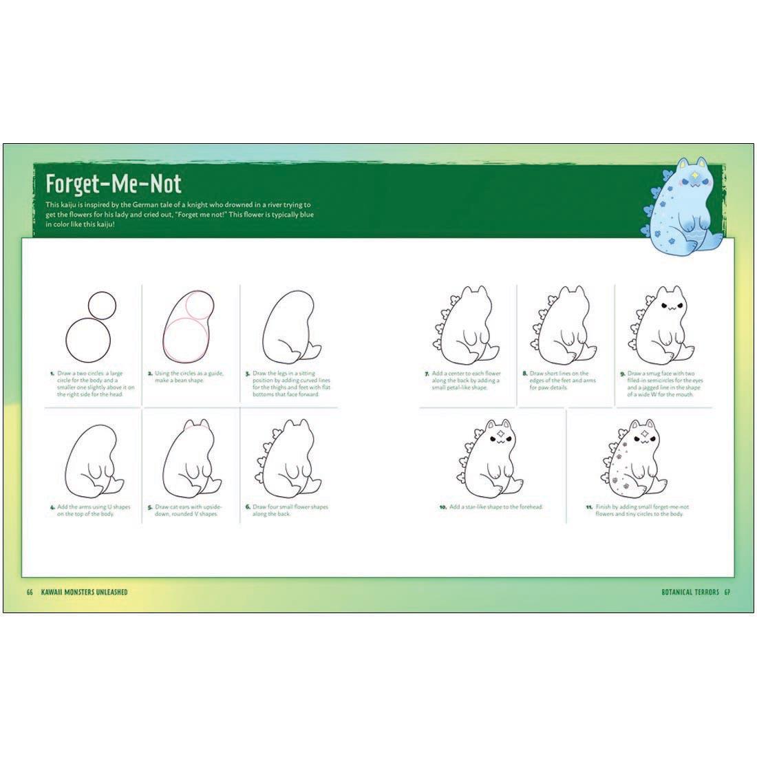 Pages 66 and 67 from Kawaii Monsters Unleashed book, how to draw a Forget-Me-Not monster