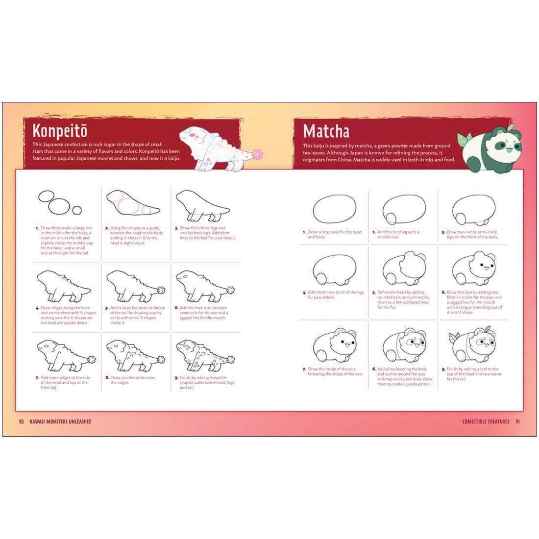 pages 90 and 91 of the book Kawaii Monsters Unleashed, how to draw Konpeito and Matcha monsters