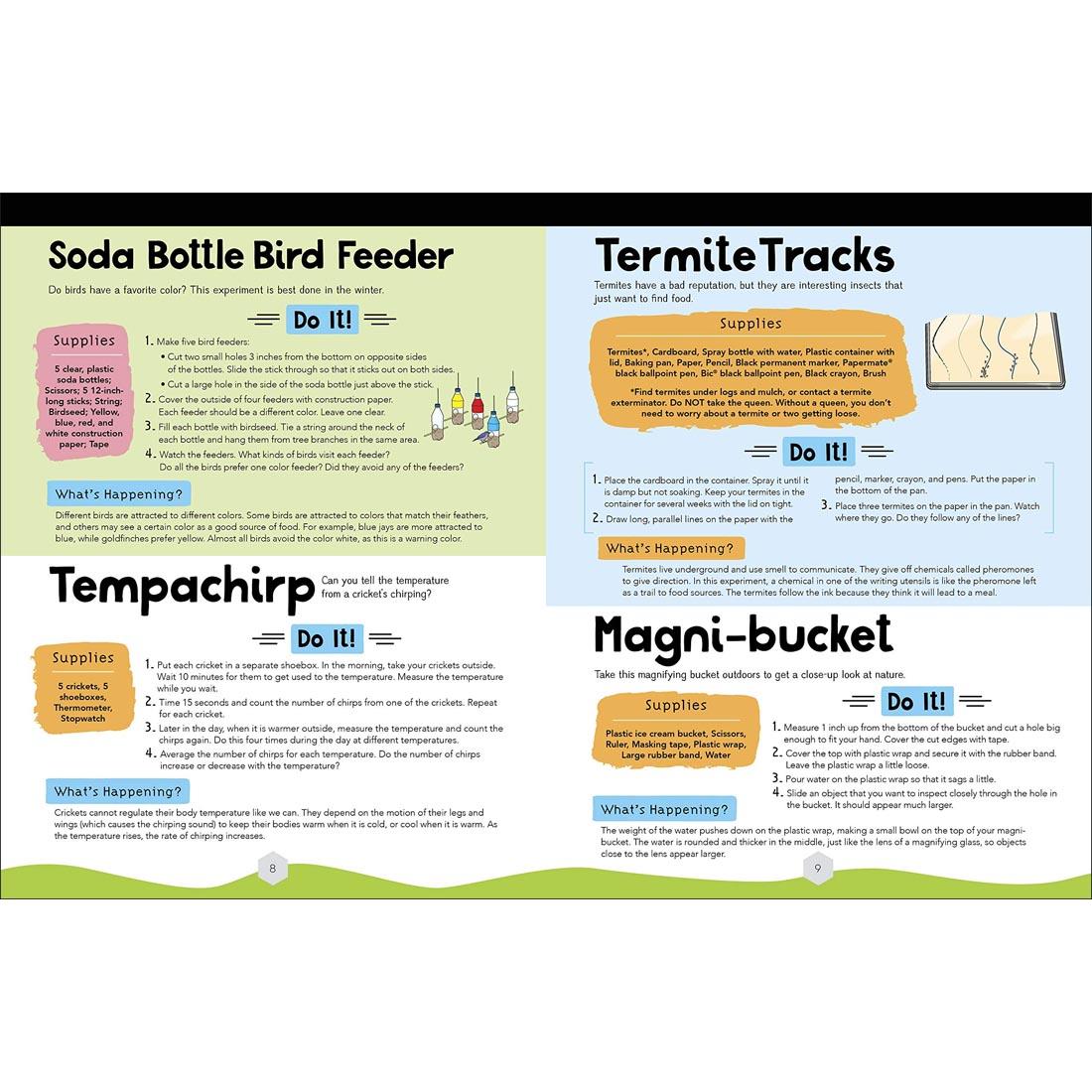 sample pages from Super Science Experiments: Outdoor Fun, showing 4 experiments