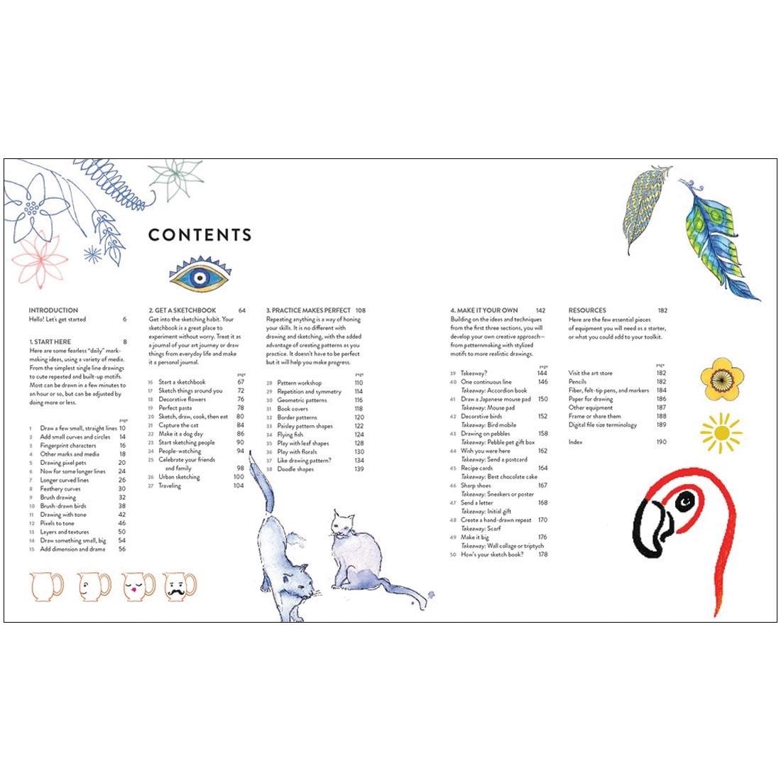 table of contents of the book Start Here: Draw - 50 Ways To Be An Artist Without Trying