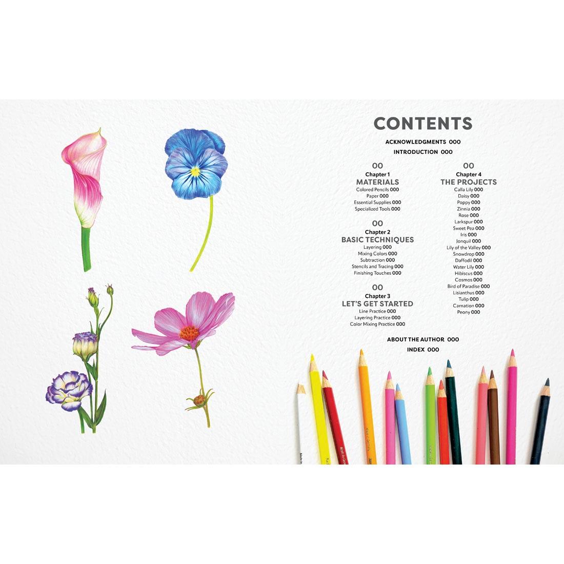 Table of contents from the book Colored Pencil Workbook: Fabulous Flowers