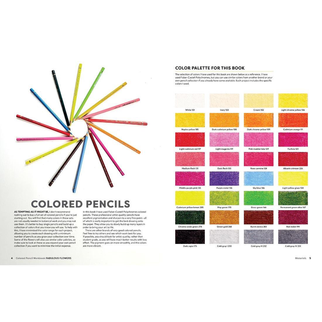 pages 4 and 5 of the book Colored Pencil Workbook: Fabulous Flowers; page 5 shows a color palette for the book