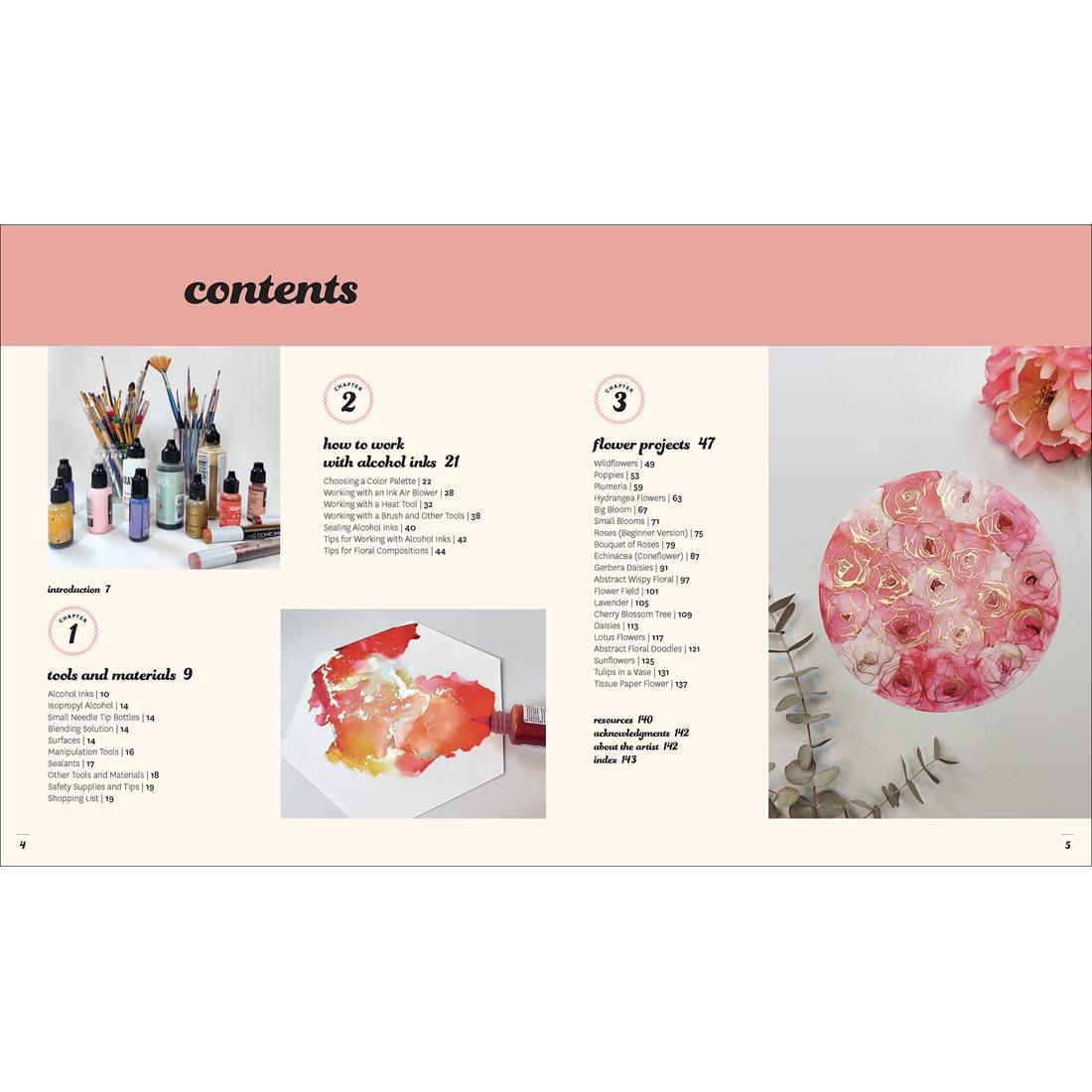 table of contents from Creative Alcohol Ink Flowers Book