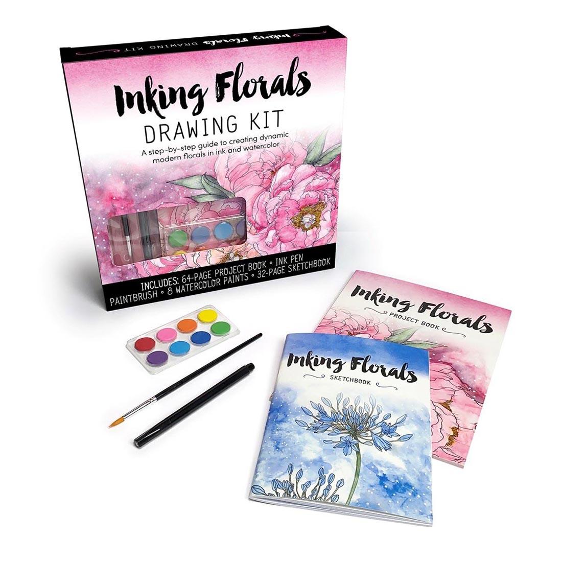 Inking Florals Drawing Kit package plus Project book, Sketchbook, paints, brush and pen