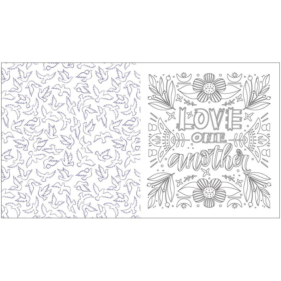 Sample pages from Faith & Devotion: An Inspirational Coloring Book, with the words "Love One Another"