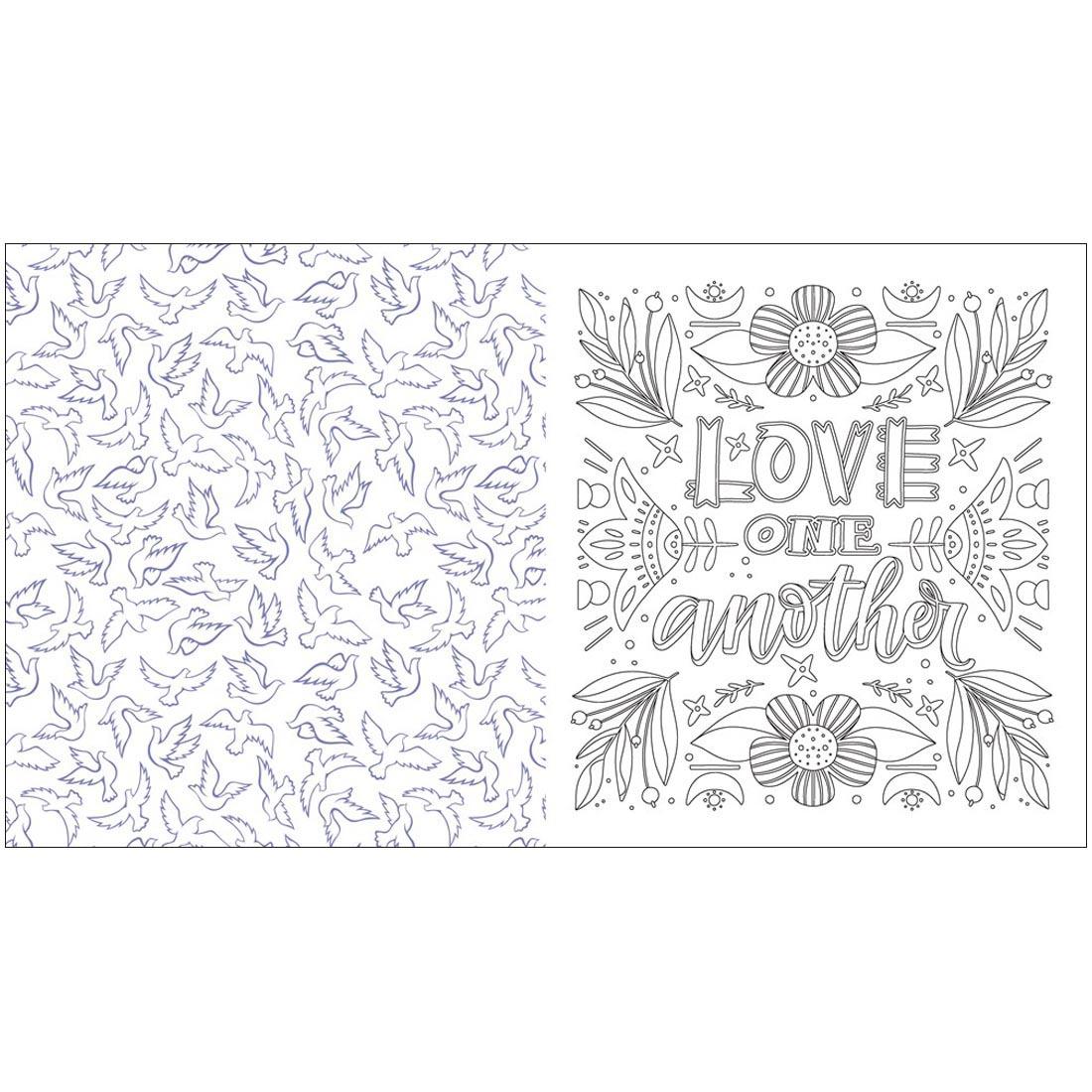 Sample pages from Faith & Devotion: An Inspirational Coloring Book, with the words "Love One Another"