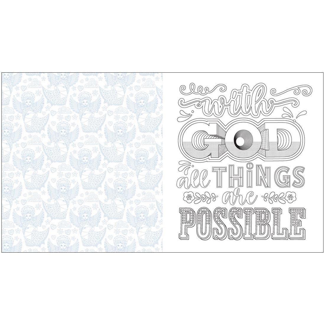 Sample pages from Faith & Devotion: An Inspirational Coloring Book, with the words "With God All Things Are Possible"