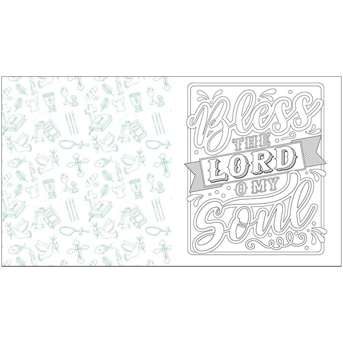 Sample pages from Faith & Devotion: An Inspirational Coloring Book, with the words "Bless The Lord O My Soul"